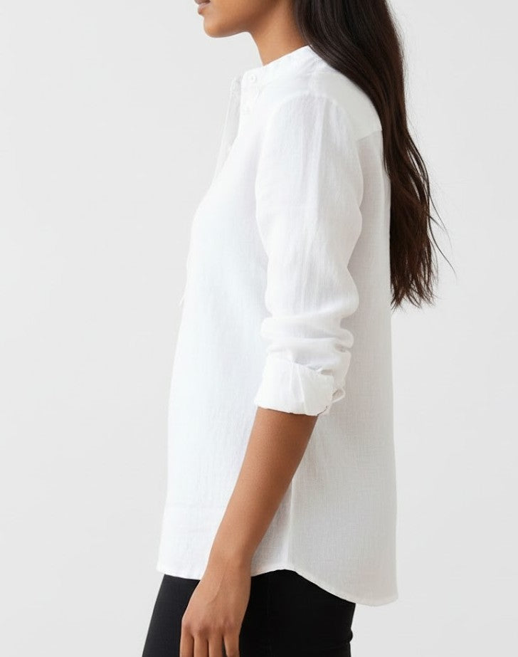 White Stand Collar Pure Linen Shirt for Women