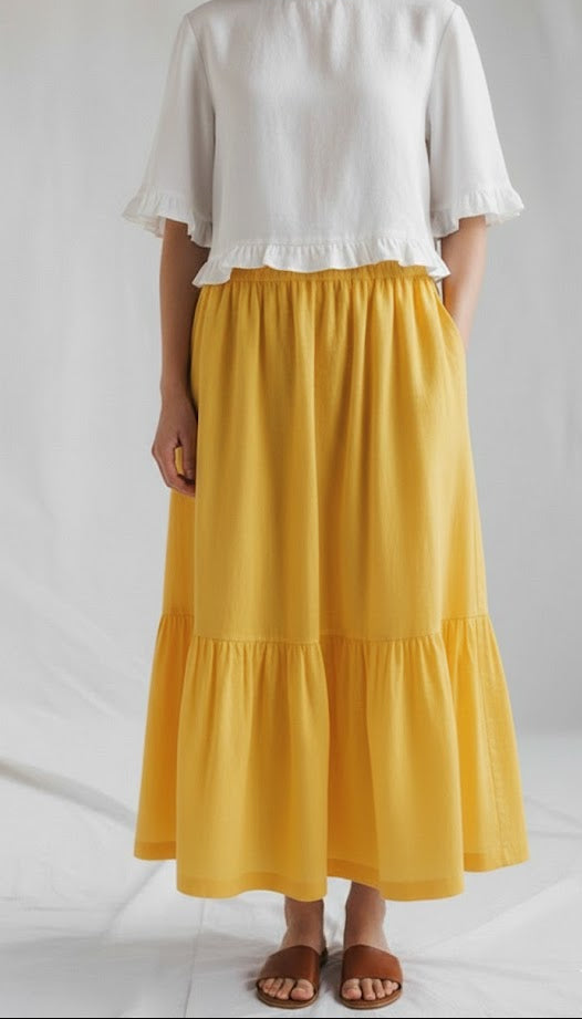 White Women's Long Layered Skirt -Cotton
