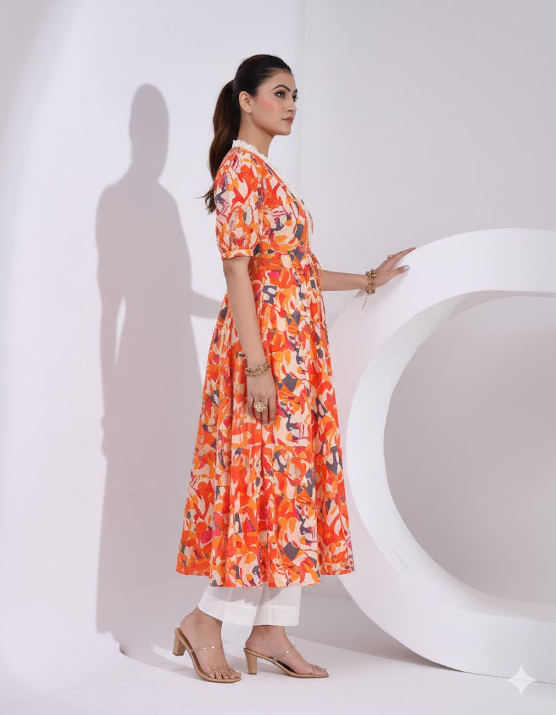 Flared Printed Dress with Lace Detailing at Neck