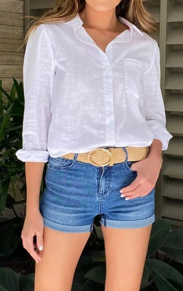 White Premium Linen Blend Shirt for Women